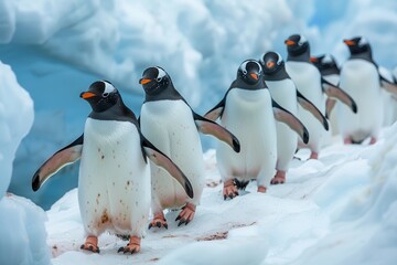 Obraz premium Penguin amidst a melting polar ice landscape.