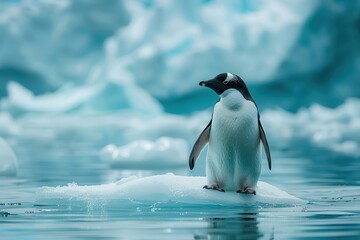 Fototapeta premium Penguin amidst a melting polar ice landscape.