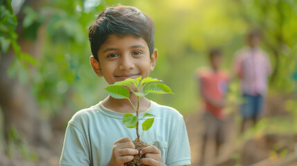indian boy holding green plant at park