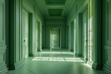 Serene Green Hallway with Elegant Architectural Details and Soft Light