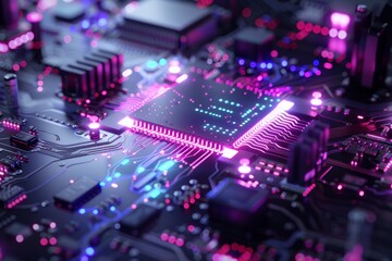 Fototapeta premium Digital art of a microchip with fractal patterns and neon colors captures the essence of tech aesthetics.