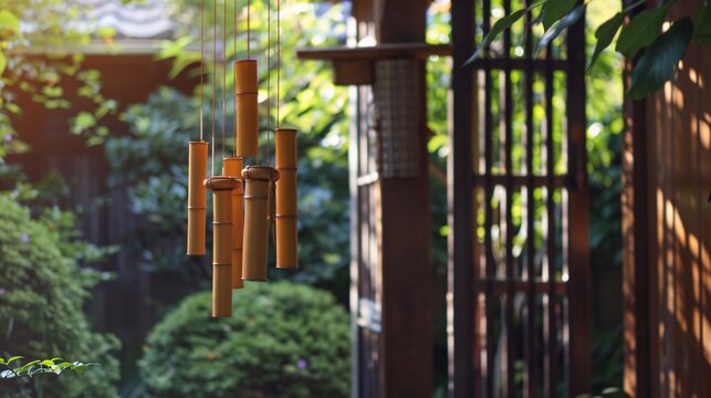 Bamboo wind chimes hanging on a porch, gently swaying in the breeze