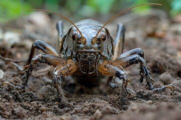 Fototapeta premium Close-Up of a Striking Cricket in Its Natural Habitat