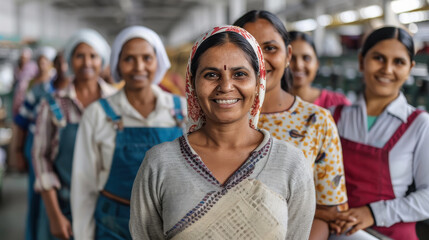 Fototapeta premium happy indian women working at textile factory
