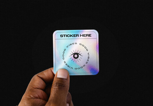 Model holding Square Holographic Sticker Mockup