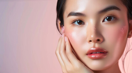 Fototapeta premium Beauty portrait of an Asian woman with clear skin on a light background. Beautiful model posing indoors.