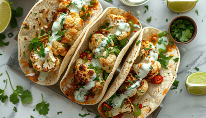 Three cauliflower tacos are featured in a closeup shot on a wooden cutting board