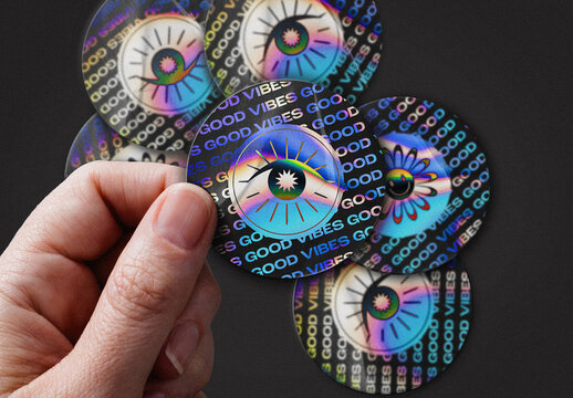 Model Holding Round Holographic Sticker Mockup