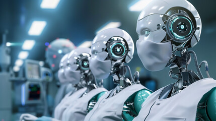 Fototapeta premium AI-Powered Humanoid Robots Assisting in Complex Surgical Procedures with Precision and Advanced Medical Knowledge
