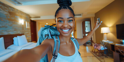african woman. A happy woman with a backpack takes a selfie in a hotel room.