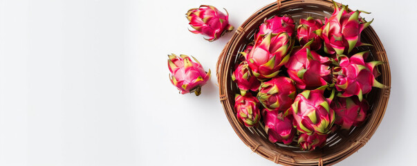 Naklejka premium A top-down view of a wooden basket filled with fresh organic dragon fruits, with plenty of text space on a clean, white backdrop.