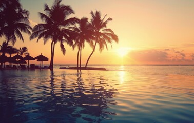 Tropical Sunset Over Ocean Pool