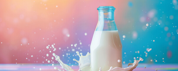 Milk in a glass bottle on a bright color background, surrounded by milk splashes. The vibrant colors make the milk stand out, highlighting its purity and freshness.