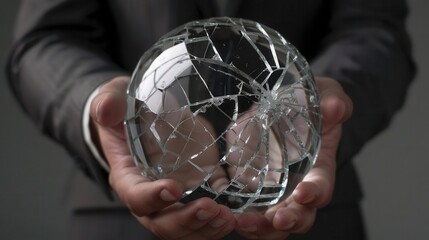 A close-up of a cracked crystal globe held by a businessman