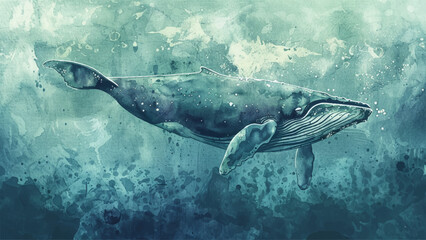 Naklejka premium Giant Whale Swimming Ocean Background Watercolour Illustration Marine Life Underwater Scene Aquatic Mammal Sea Creature