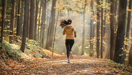 Back view Young brunette woman running in autumn forest