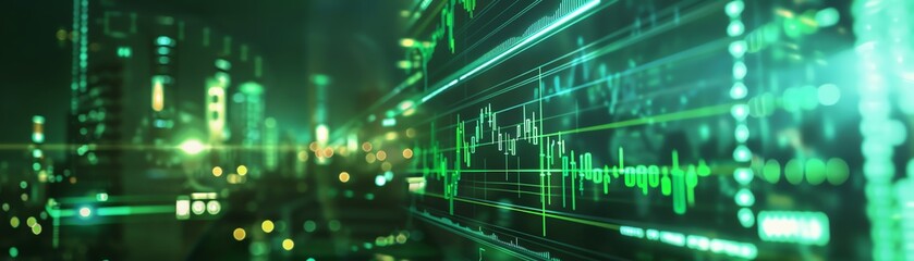 Green financial charts and data points on a digital screen bright lighting representing market trends and analytics