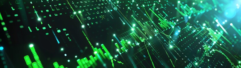 Green financial charts and data points on a digital screen bright lighting representing market trends and analytics