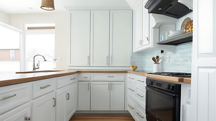 Fototapeta premium A stylish kitchen featuring a sleek oven range hood.