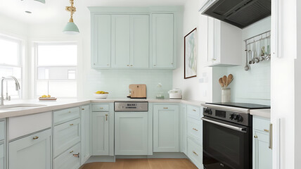 A stylish kitchen featuring a sleek oven range hood.