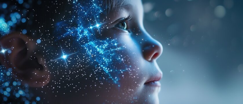 A dreamy child with a cosmic aura exploring possibilities of imagination and wonder. Stars and colors reflect boundless creativity.
