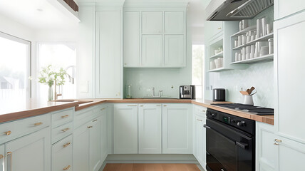 Fototapeta premium A stylish kitchen featuring a sleek oven range hood.