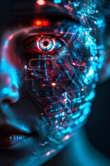 Fototapeta premium An abstract face with microchip tattoos embodies a cybernetic art concept, merging human features with advanced technology.
