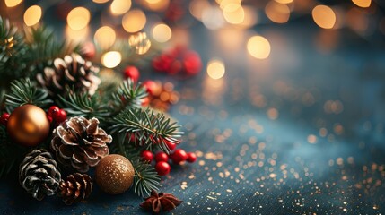 Obraz premium Festive Christmas decorations featuring pinecones, ornaments, and fir branches with a blurred bokeh background creating a cozy holiday atmosphere.