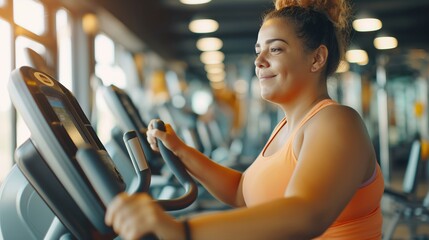 Portrait of Confident Curvy Woman in Activewear Using Exercise Bike at Gym, Realistic Documentary Style with Copy Space and Bokeh Background
