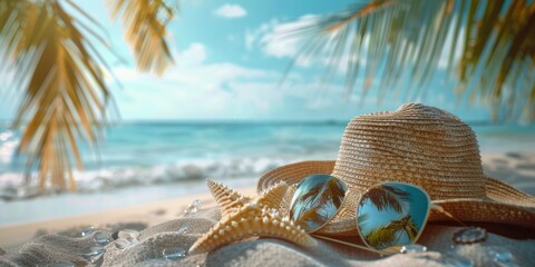 Hat, sunglasses, and starfish on sandy coastal area