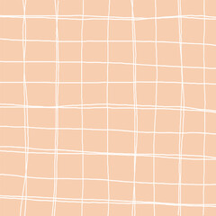 Hand drawn pink white plaid pattern. Check, square doodle background. Line art freehand grid. Crossing white stripes brush stroke. Notebook Texture. Abstract Psychedelic print with Wavy Doodle Stripes