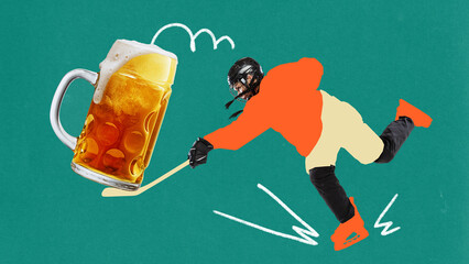 Poster. Contemporary art collage. Hockey player skates towards giant beer mug instead of puck against teal background with action lines. Concept of sport, holidays, match and traditions. Funky artwork