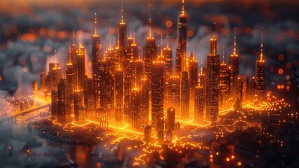 Fototapeta premium Smart city model with interconnected buildings and infrastructure. Generative AI