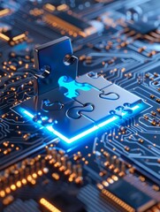 A microchip depicted as a puzzle with connecting pieces represents solving digital challenges.
