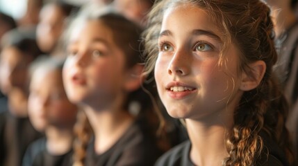 Obraz premium A group of young girls with braids watch a performance with interest and excitement. Their faces reflect a mixture of curiosity and anticipation.