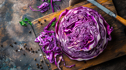 Bright red cabbage sliced on a wooden cutting board against the background of a dark stone table.