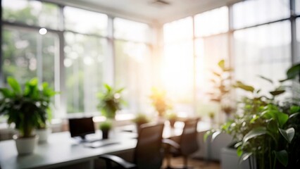 Fototapeta premium Greenery and Sunlight in a Blurred Office Space with Eco-Friendly Vibe 