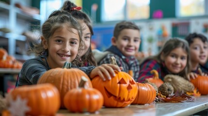 Fototapeta premium Happy children pose with pumpkins during a Halloween celebration.