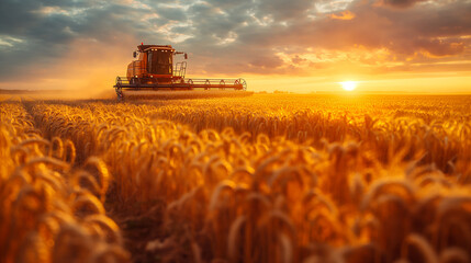 Tractor Working in a Field of Ripe Wheat on a Sunny Day. Generative AI