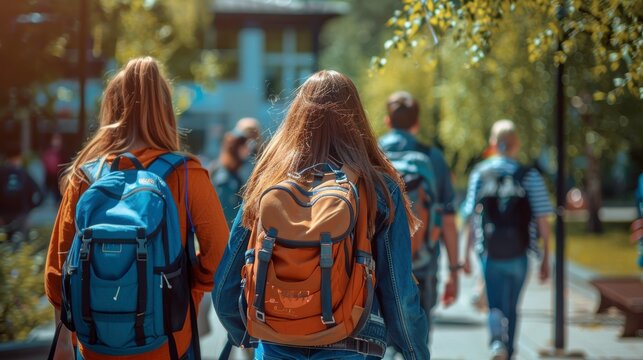 Rear view of students walking on a campus pathway, with backpacks.