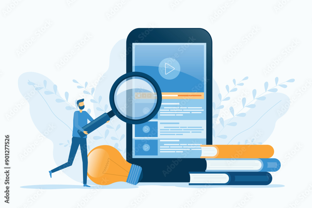 Poster flat vector technology business research and learning with online video training, tutorial podcast a