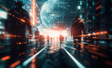 Obraz premium Silhouettes Walking Through Digital City