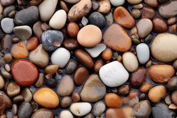Processed collage of wet pebble stones on asphalt texture. Background for banner, backdrop