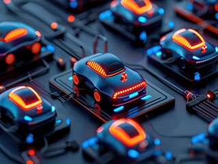 A futuristic arrangement of glowing electric cars showcasing advanced technology and modern design in vibrant colors.