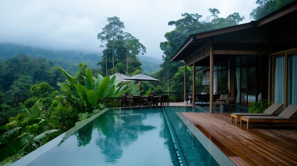 A luxury eco-friendly resort nestled in the rainforest, with sustainable practices and green architecture