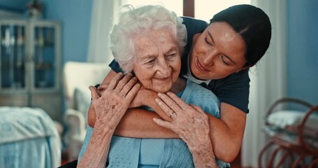 Homecare, hug and senior woman with nurse in a living room with care, trust and love, support or gratitude. Kindness, empathy and female caregiver embrace elderly person with kindness in nursing home - Powered by Adobe
