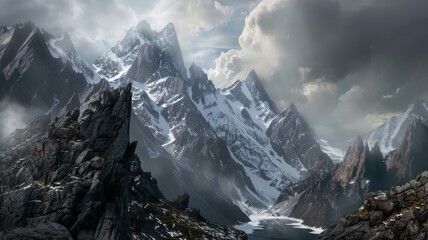 Fantasy landscape of snowy mountains with Winter landscape with a lake and mountain peaks in the background. Winter Mountains Landscape Alps during Snowfall. Snow covered mountain landscape.