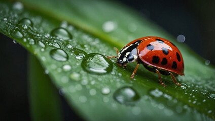 Fototapeta premium Spotted lady bug crawls on wet green leaf