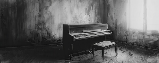 Old piano in an abandoned, dimly lit room.
