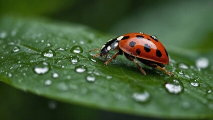 Spotted lady bug crawls on wet green leaf
